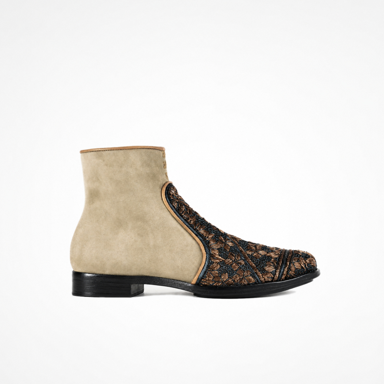 Camel-beige suede Queen Neva ankle boot with navy-and-bronze embroidered front panel and low black heel