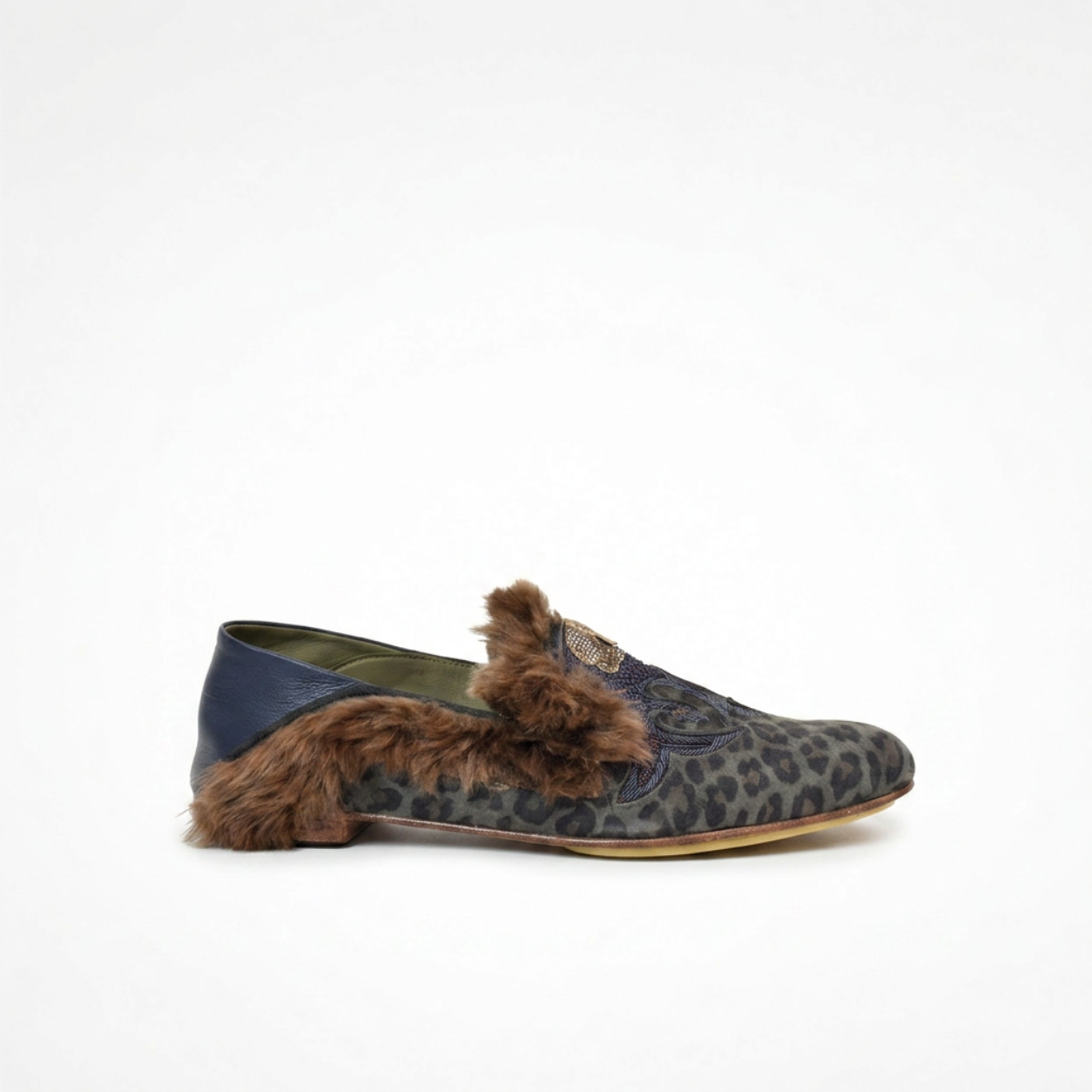 Grey leopard-print suede Ottoman Loafer with navy embroidered vamp, brown faux-shearling trim and low heel
