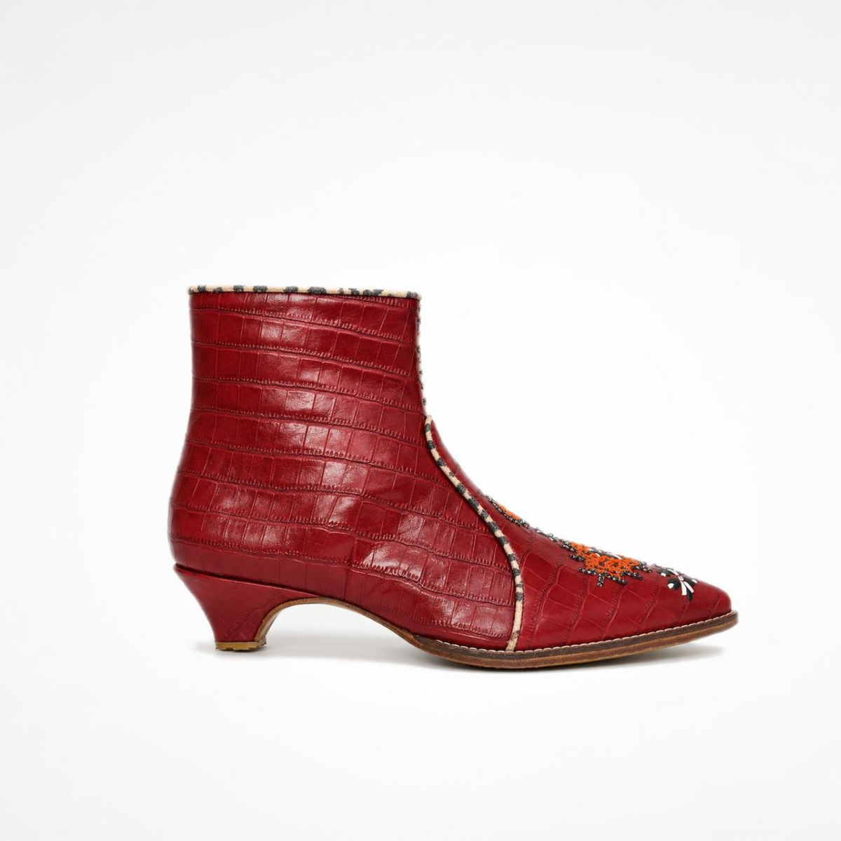 Red croc-effect leather NANA heeled ankle boot with orange and silver embroidery, side view