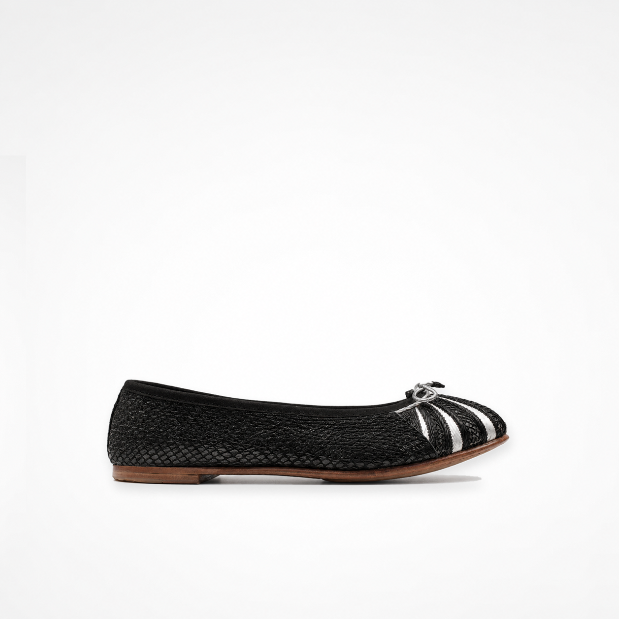 Black textured leather Miami Ballet Flat with a radiating embroidered toe panel and low-profile leather sole
