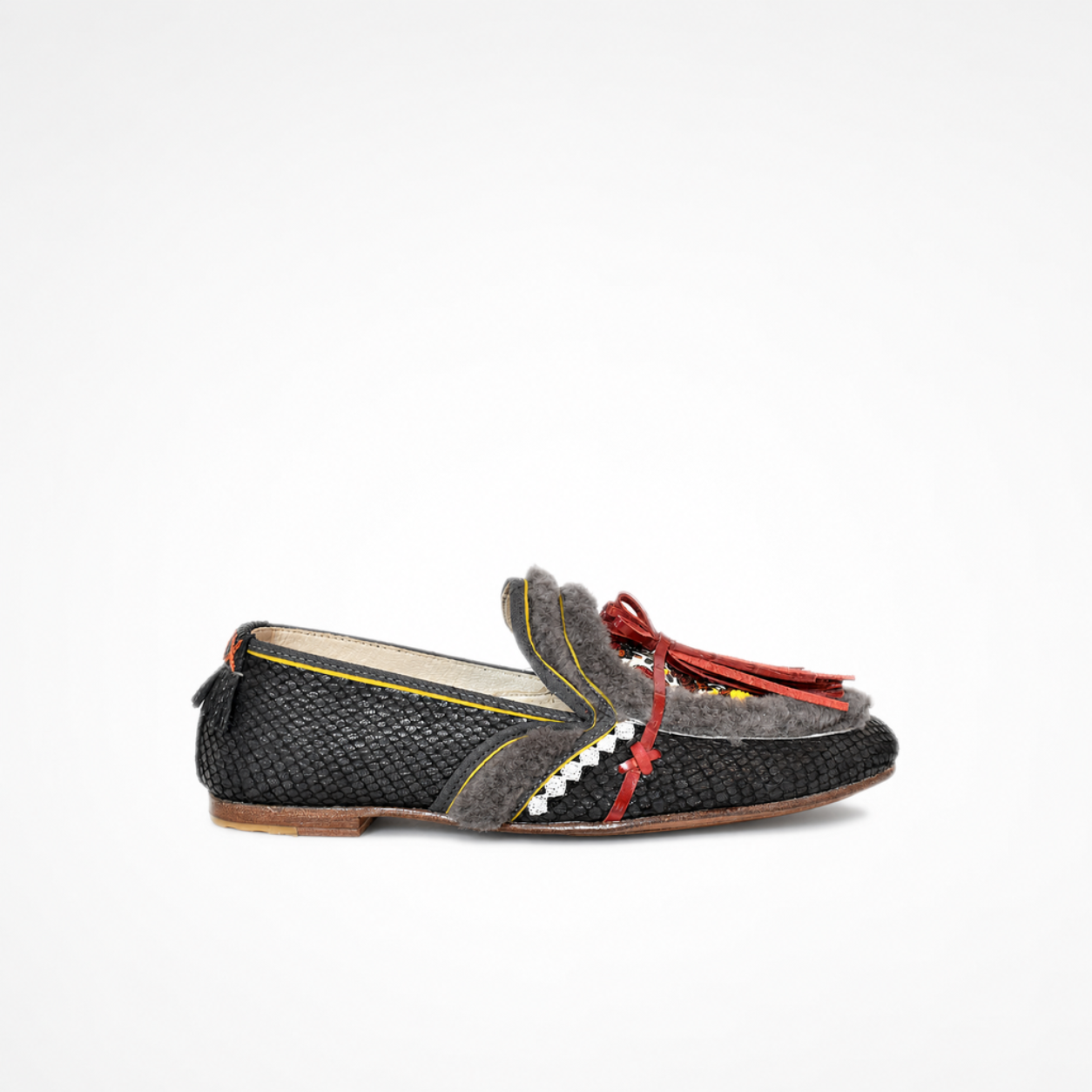 Black snake-effect leather Oud Loafer with grey faux-shearling trim, red tassels and yellow piping