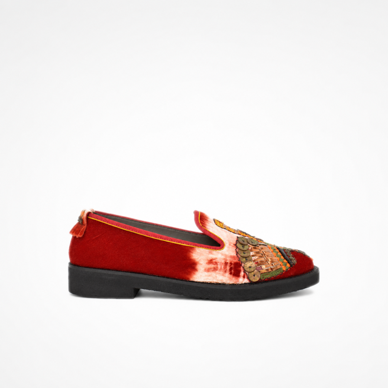 Side view of red-and-cream tie-dye velvet ANZU loafer with a lightweight black EVA sole