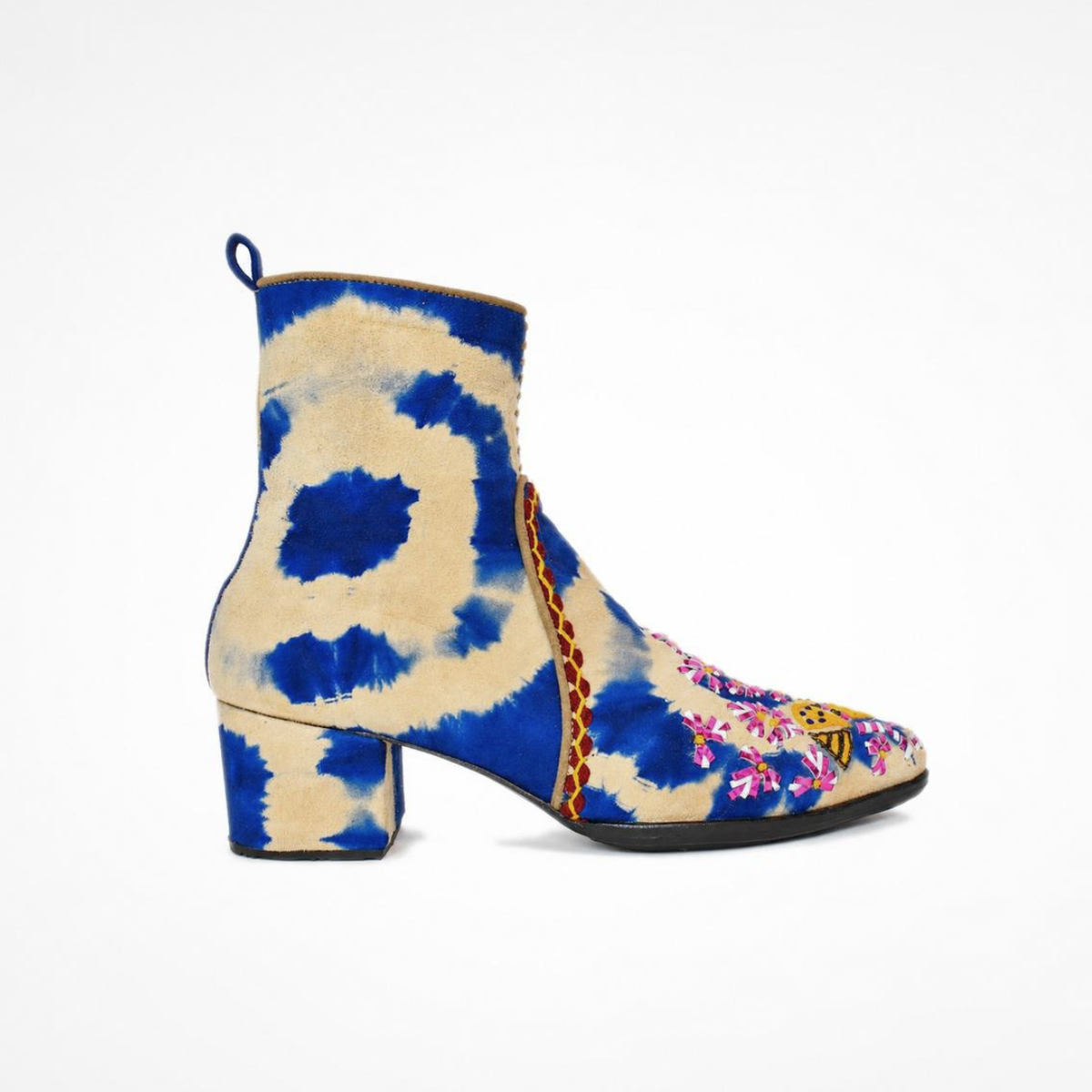 Side view of the blue-and-beige tie-dye suede MANI Point Heeled Boot with hand embroidery and contrast stitching