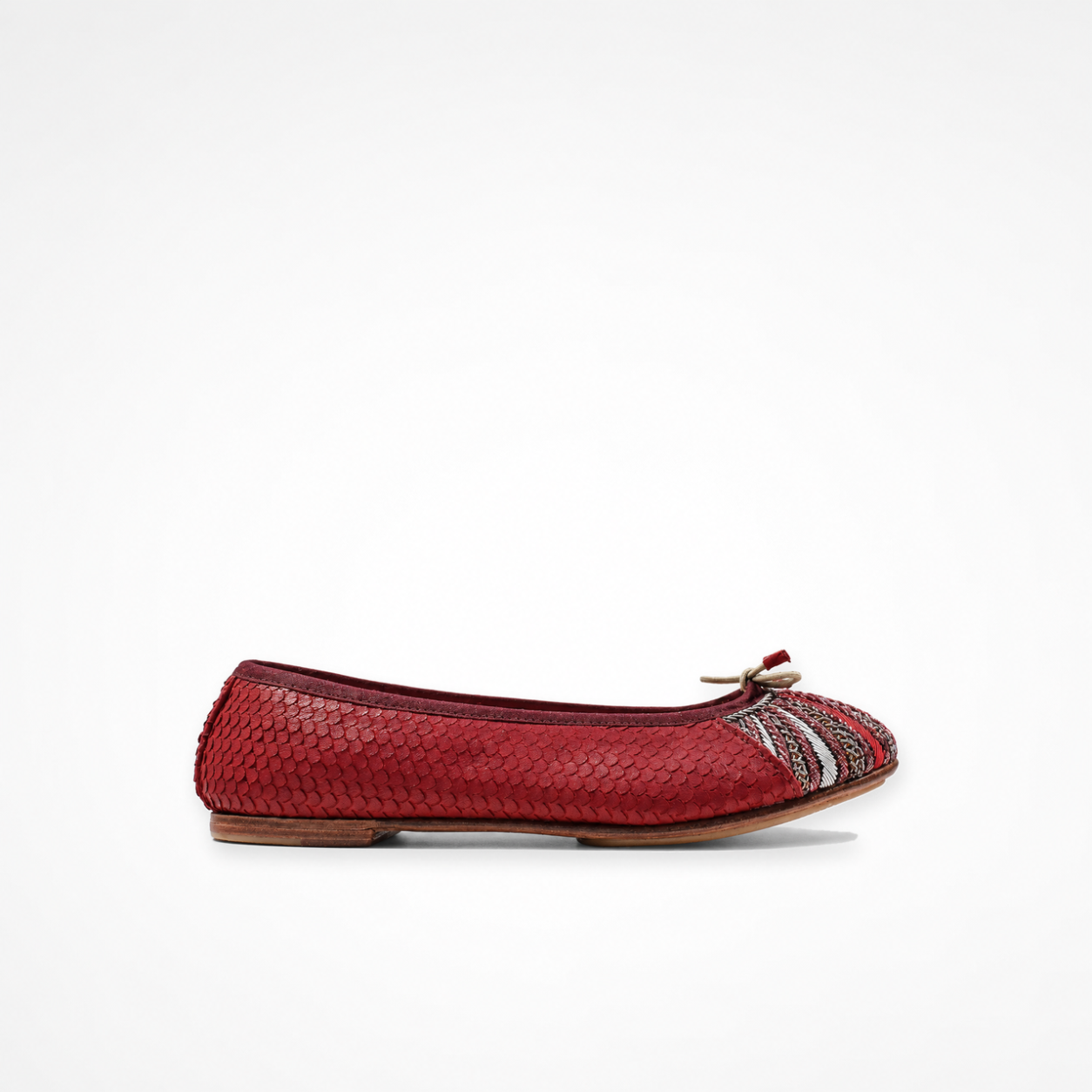 Cranberry-red textured leather Miami Ballet Flat with a striped embroidered toe panel and low-profile sole