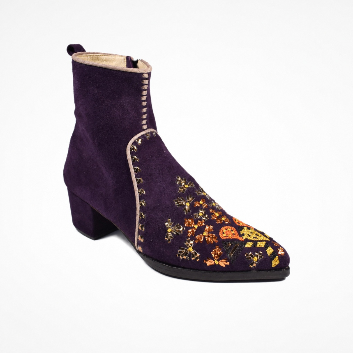Angled view of the deep purple suede MANI Point Heeled Boot with embroidered pointed toe