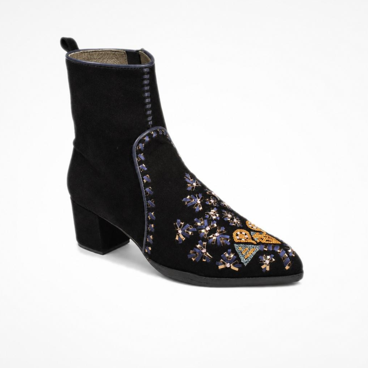 Angled view of the black suede MANI Point Heeled Boot with multicolour hand embroidery