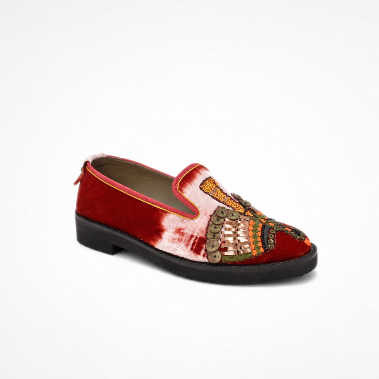 Handcrafted red-and-cream velvet ANZU loafer with multicolour embroidery and leather appliqué details