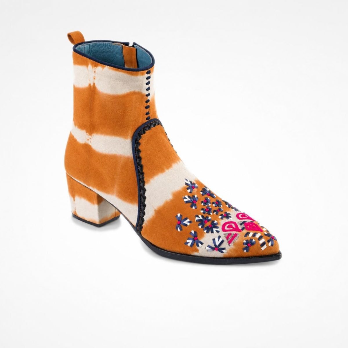 Angled view of the orange-and-cream tie-dye suede MANI Point Heeled Boot with colourful hand embroidery