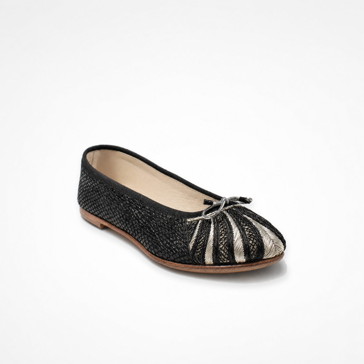 Black textured leather Miami Ballet Flat with black-and-silver toe embroidery and metallic bow