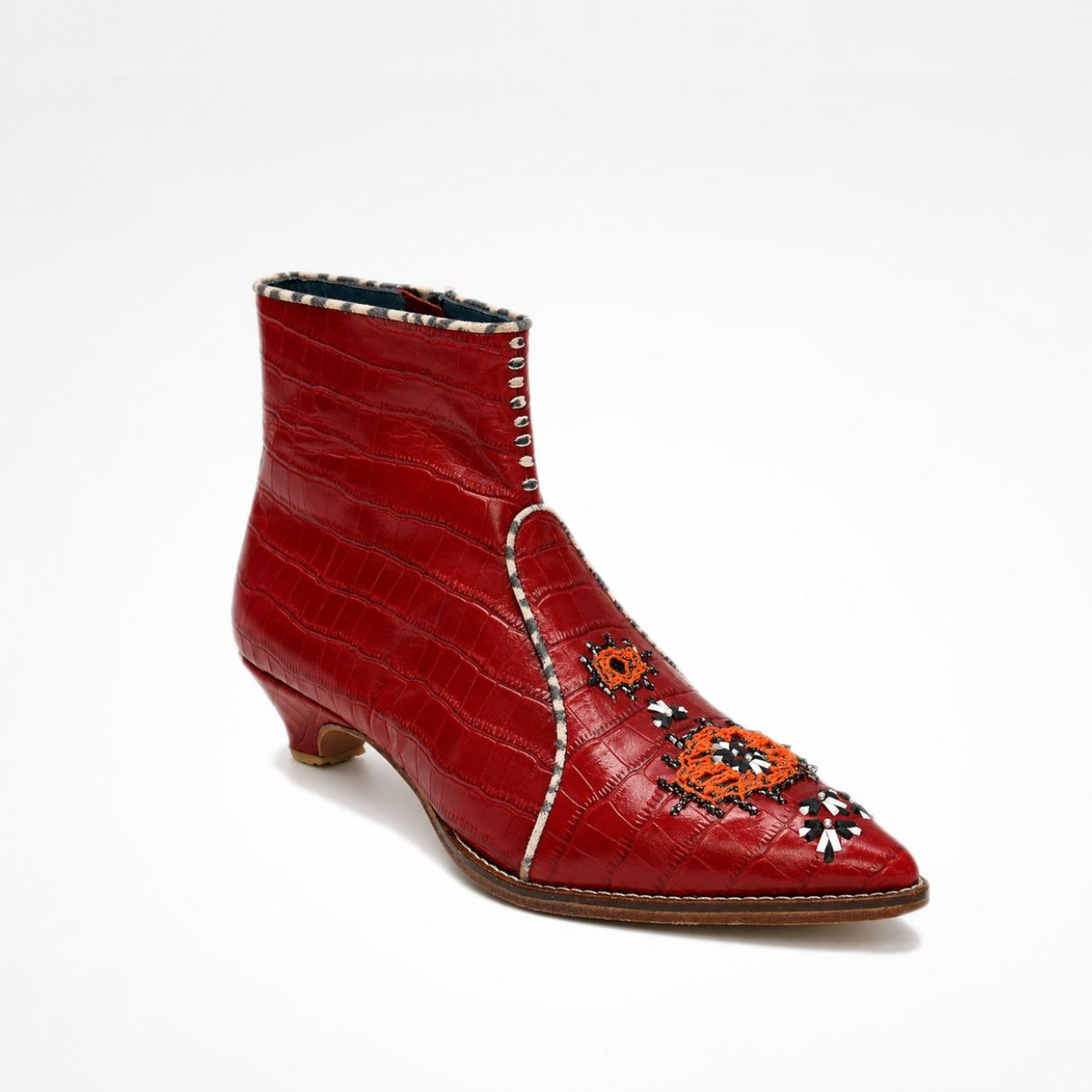 Red croc-effect leather NANA heeled ankle boot with pointed toe, three-quarter view