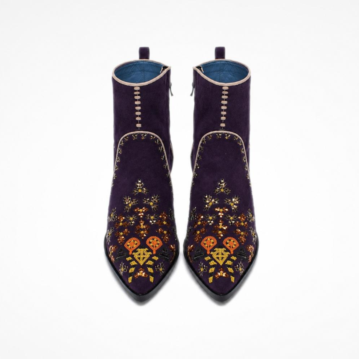 Front view of a pair of deep purple suede MANI Point Heeled Boots with multicolour hand embroidery