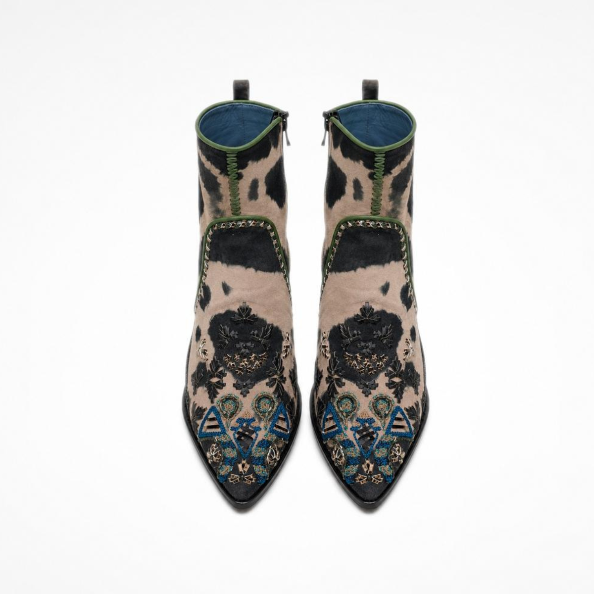 Front view of a pair of black-and-beige tie-dye suede MANI Point Heeled Boots with embroidered pointed toes