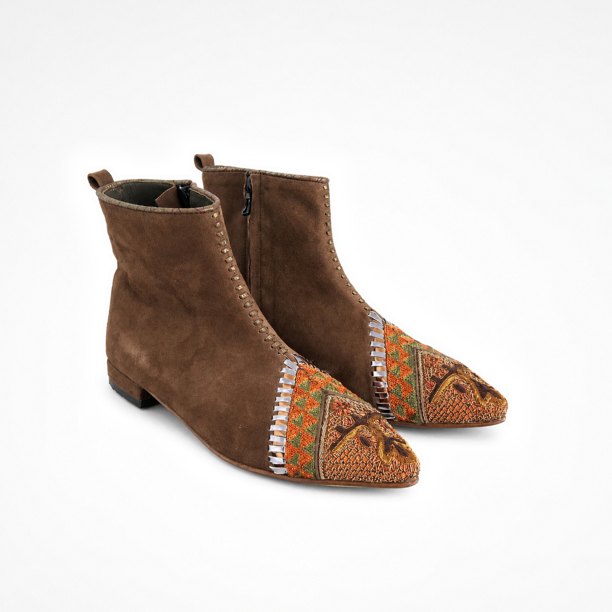 Pair of Astrid ankle boots in toffee suede with orange and olive embroidered pointed toes
