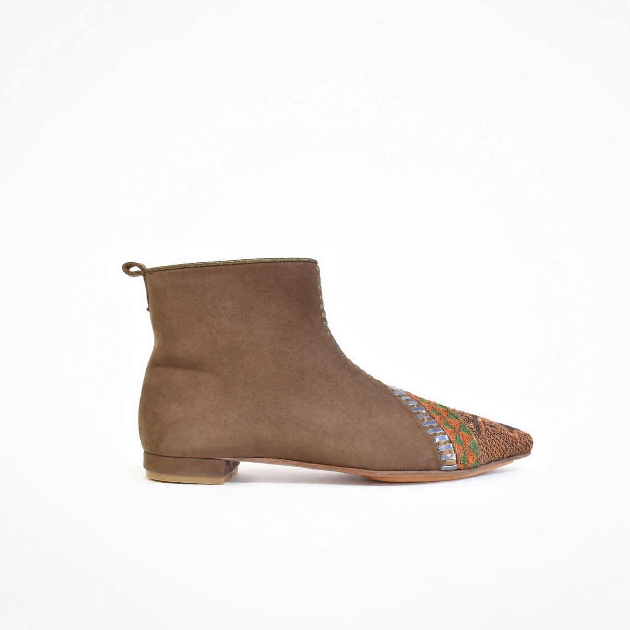 Toffee suede ankle boot with low heel and embroidered toe panel