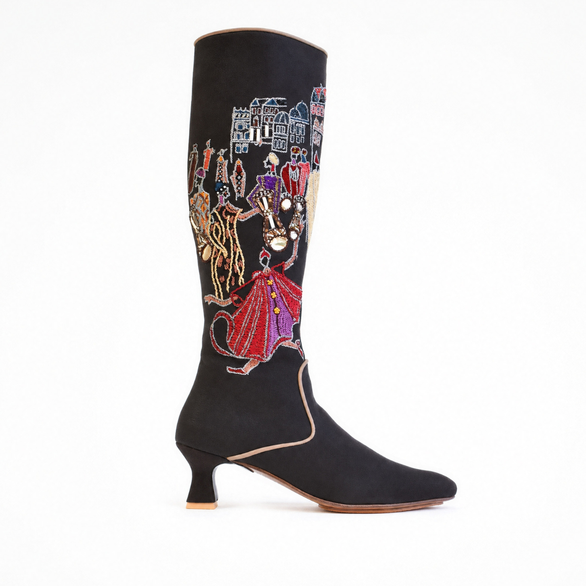 Atlas Boot in brown nubuck leather, side view with embroidered shaft and sculpted low heel