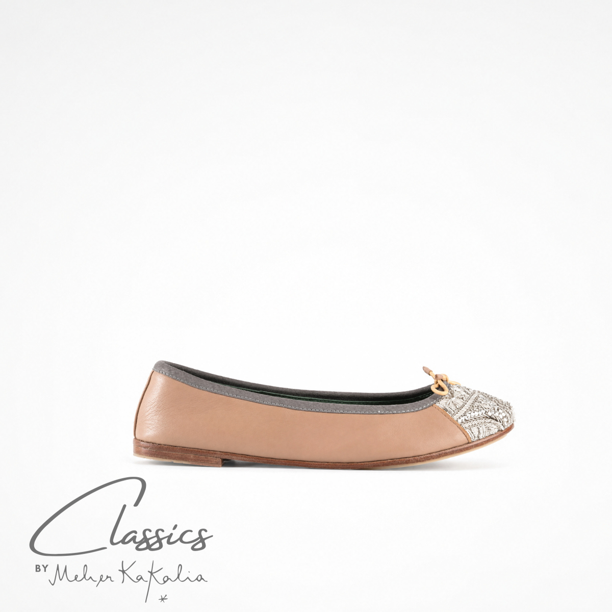 Nude leather BIZI ballet flat with hand-embroidered toe cap, side view