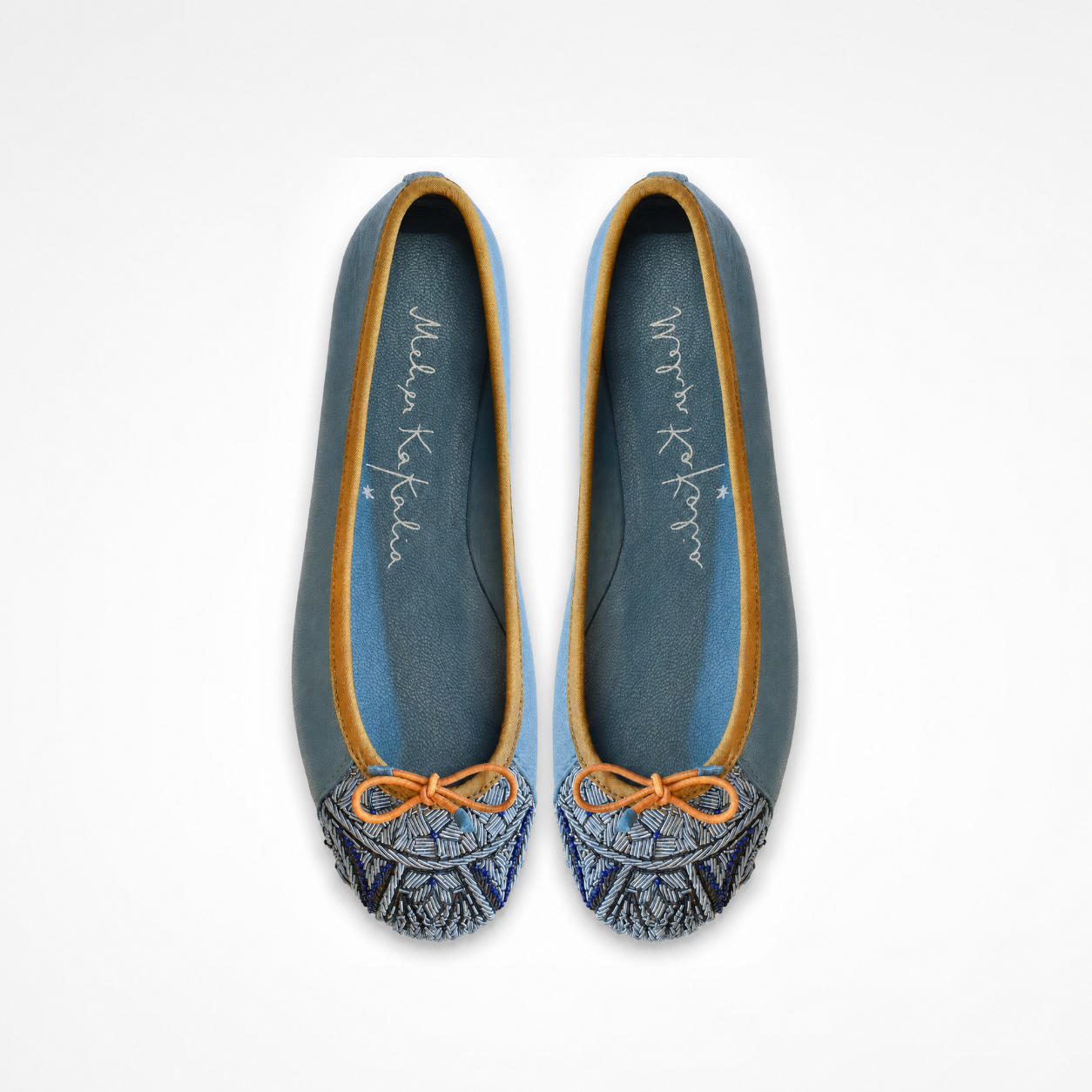Pair of Bizi Ballet Classic flats in shadow blue leather showing embroidered toe panels and bows