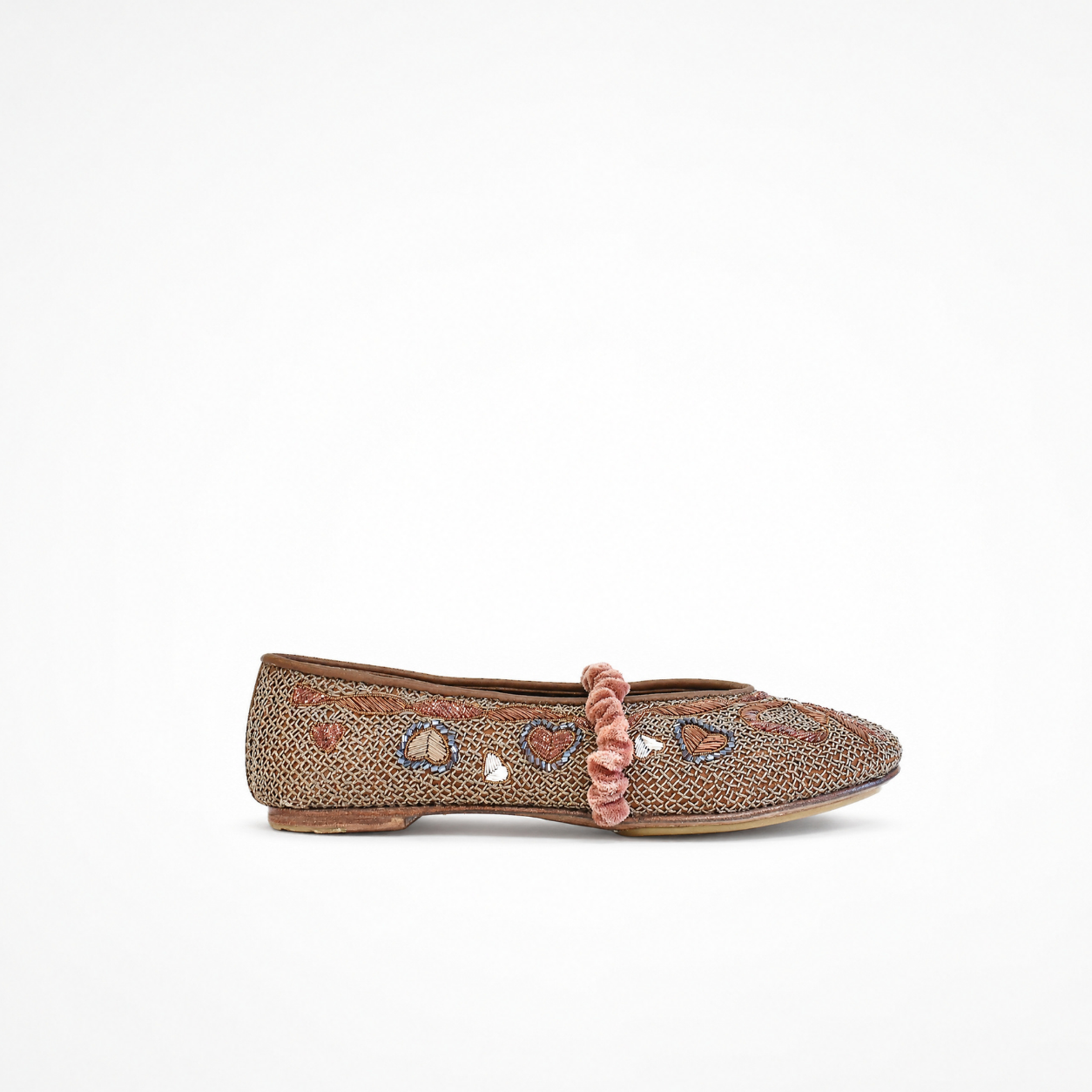 Darcey Ballet flat in copper, side view showing all-over embroidery and pink ruched strap