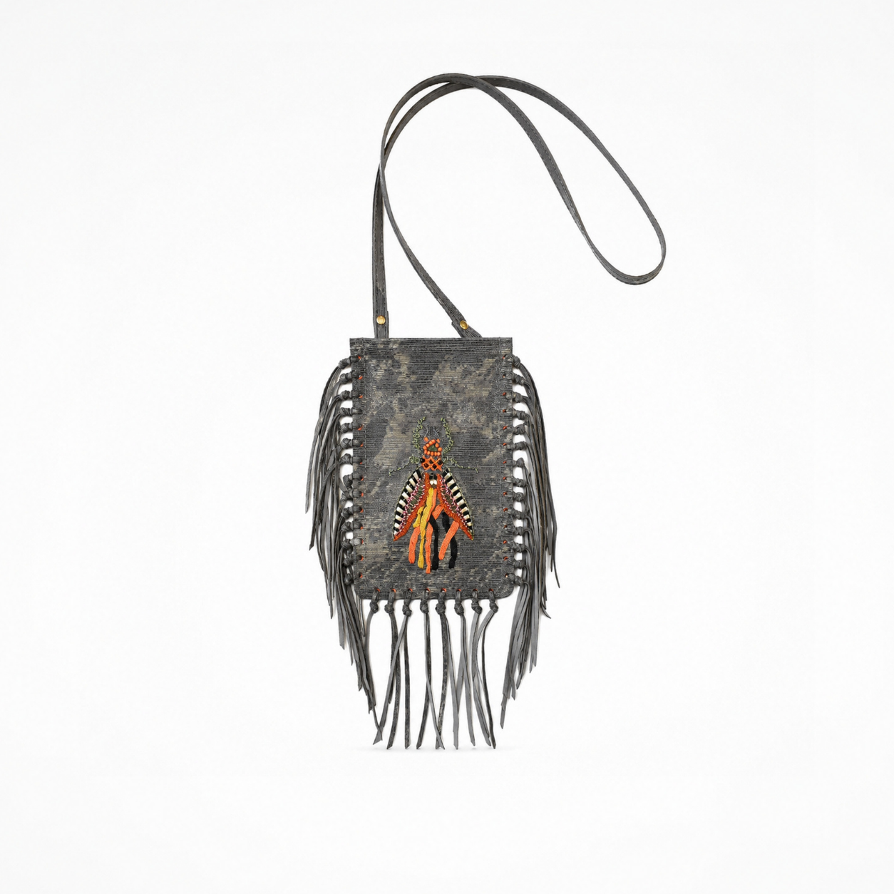 Close-up of the comet grey leather FRINGE Phone Bag with embroidered insect motif and leather fringe
