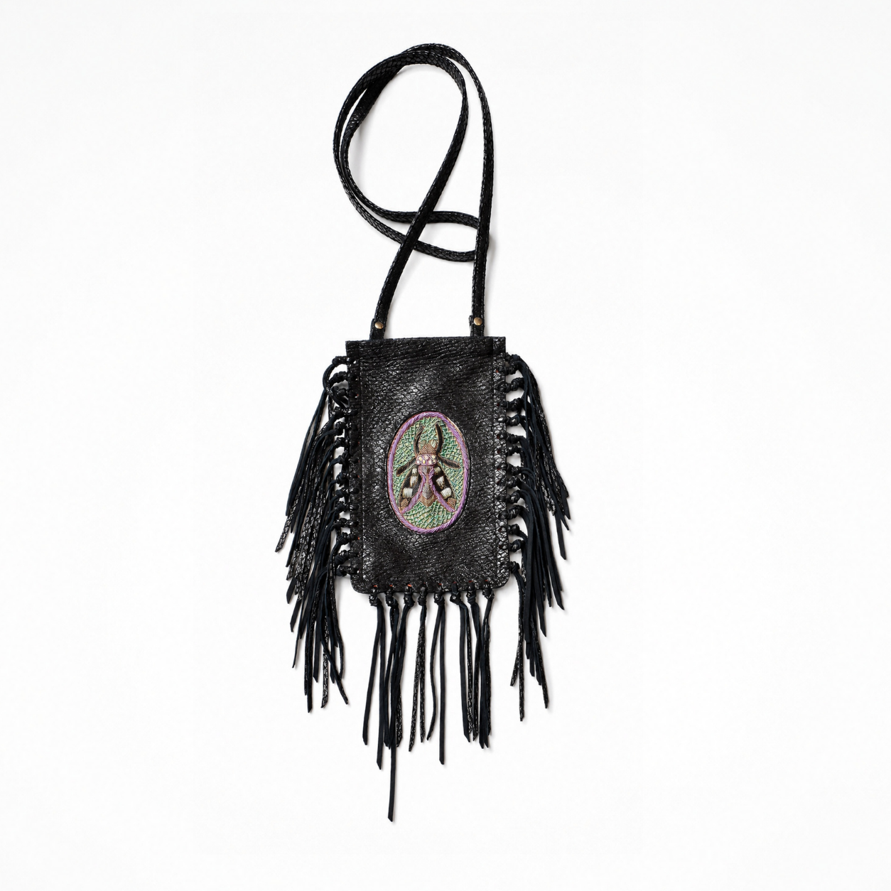 Magma black leather FRINGE Phone Bag with embroidered insect motif, cross-laced sides and long fringe