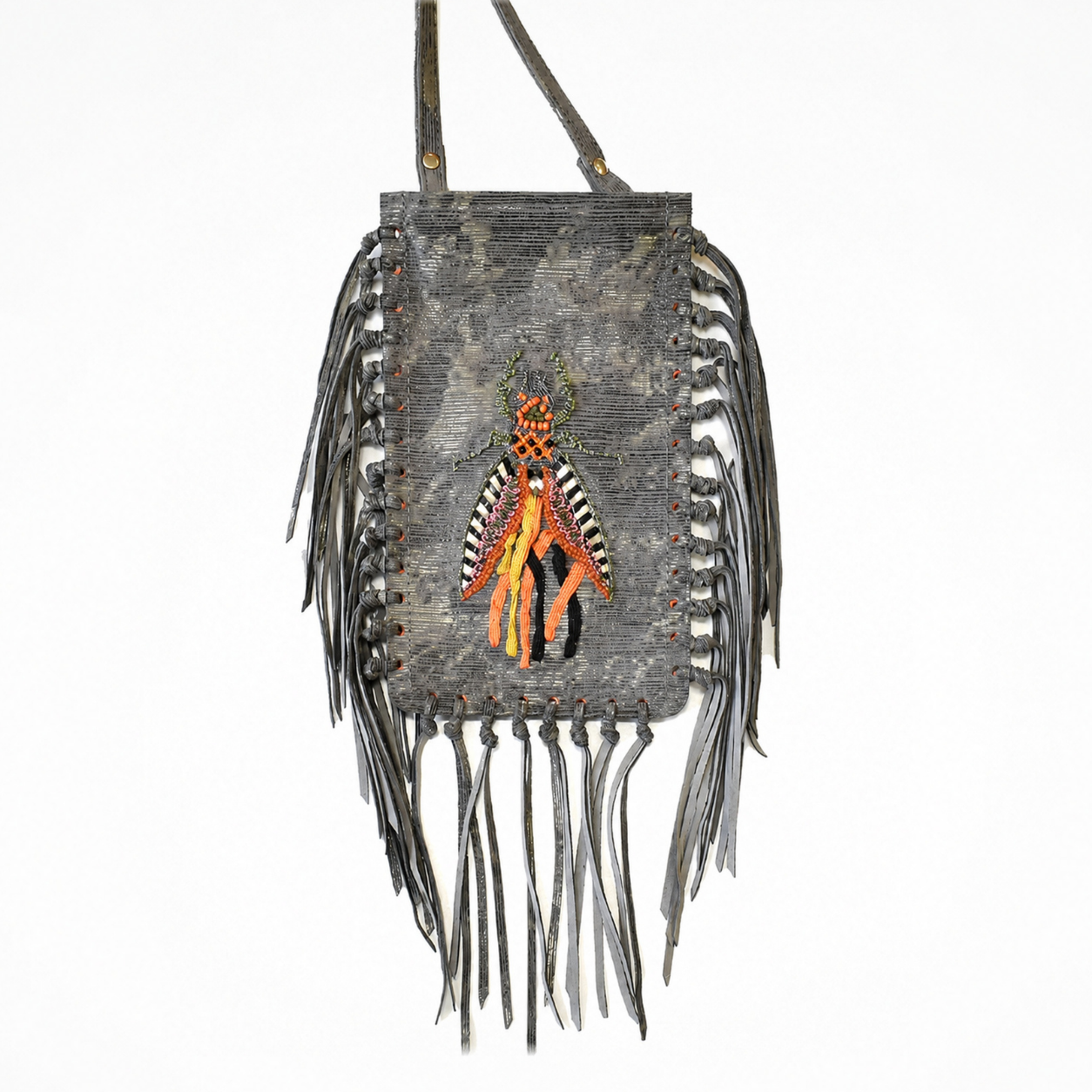 Close-up of the comet grey leather FRINGE Phone Bag with embroidered insect motif and leather fringe