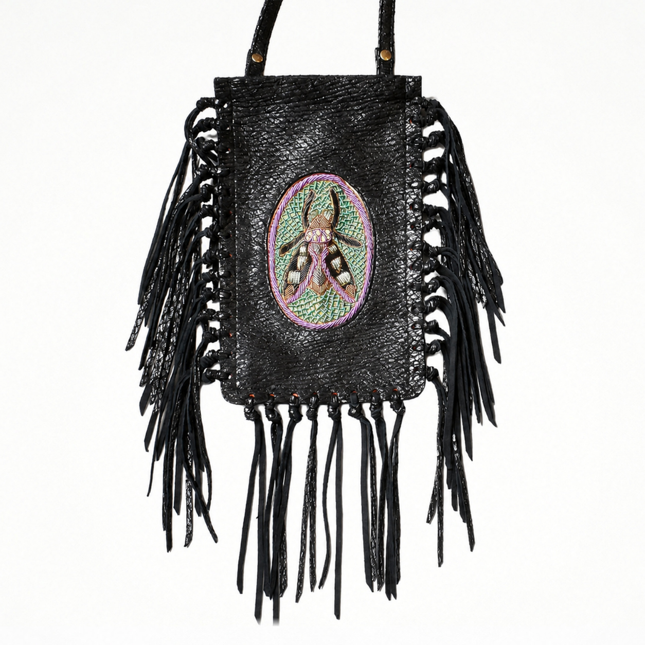 Close-up of the magma black leather FRINGE Phone Bag with embroidered insect motif and leather fringe