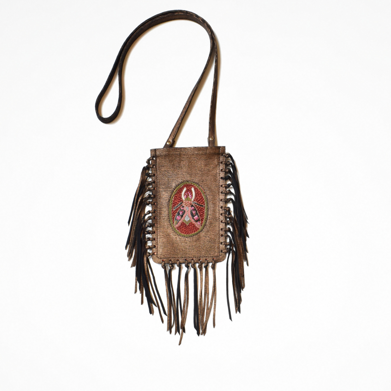 Plush copper leather FRINGE Phone Bag with embroidered insect motif, cross-laced sides and long fringe