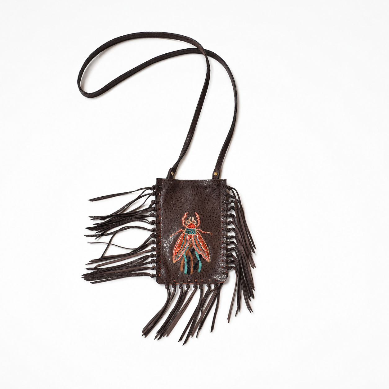 Venice Teddy brown leather FRINGE Phone Bag with embroidered insect motif, cross-laced sides and long fringe