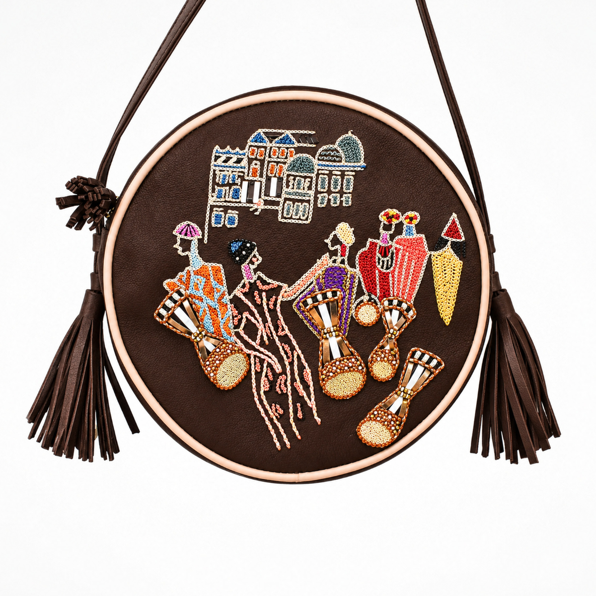 Marrakesh Round Bag in brown nubuck leather with embroidered street scene, peach piping and leather tassels