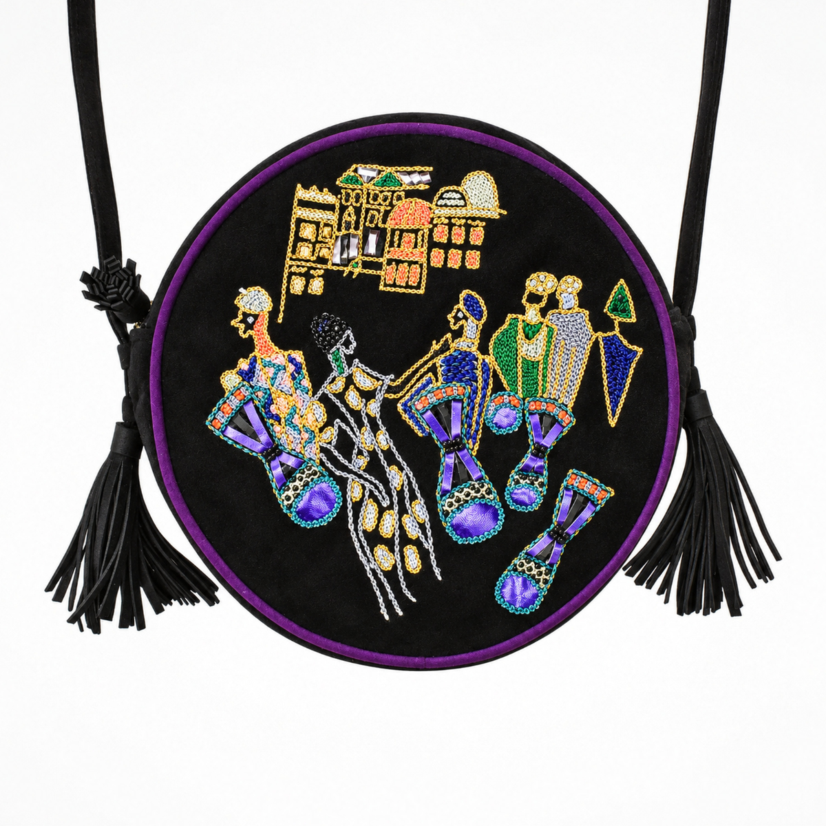 Marrakesh Round Bag in black suede with gold, green and violet embroidered street scene, purple piping and tassels