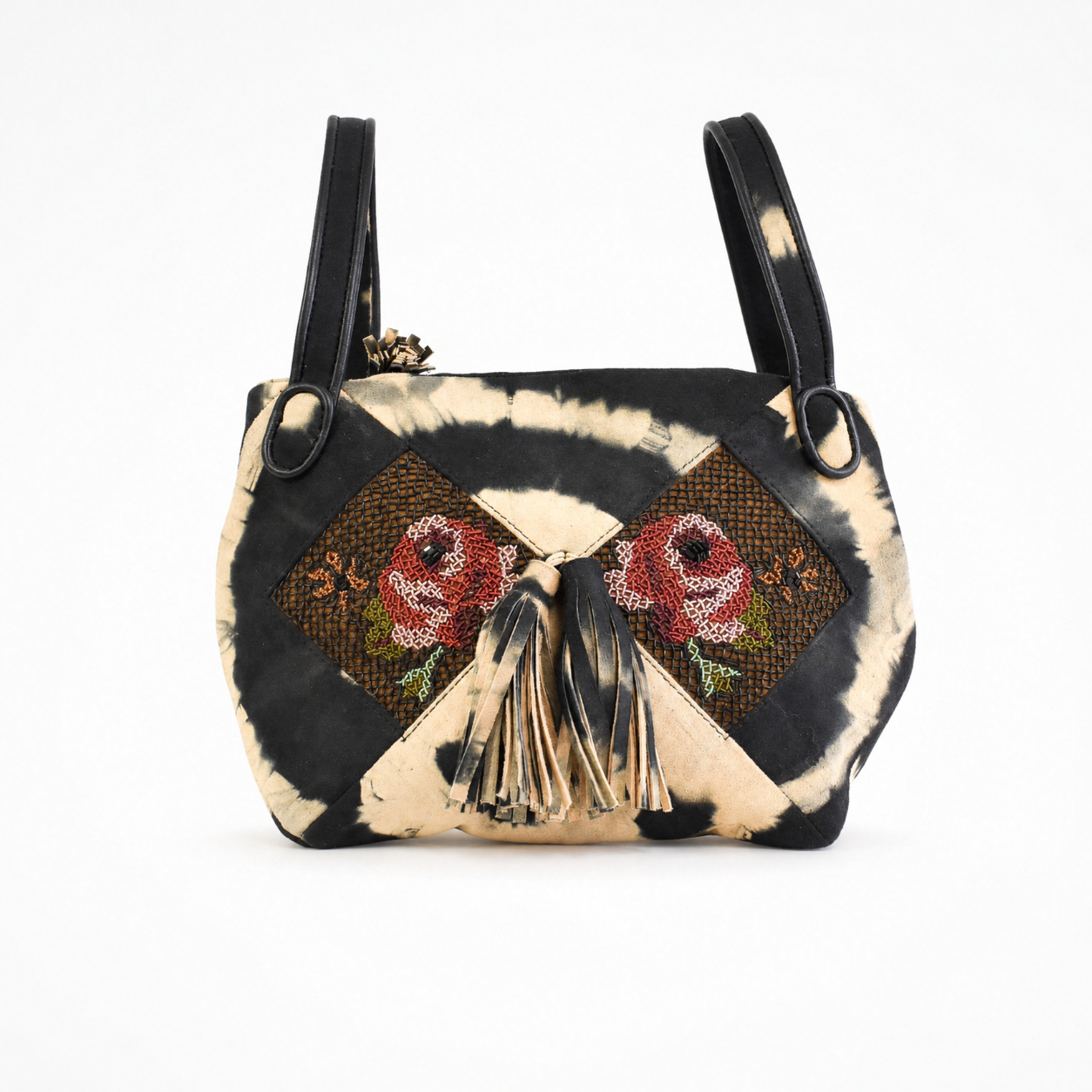 Black and beige tie-dye suede NORA BUNNY BAG with red floral embroidery, leather handles and front tassel