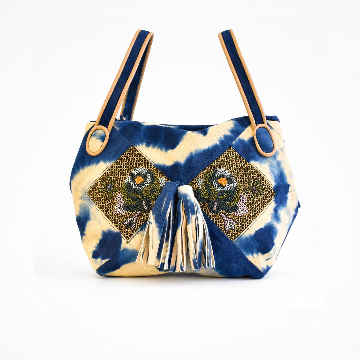Blue and beige tie-dye suede NORA BUNNY BAG with olive floral embroidery, leather handles and front tassel