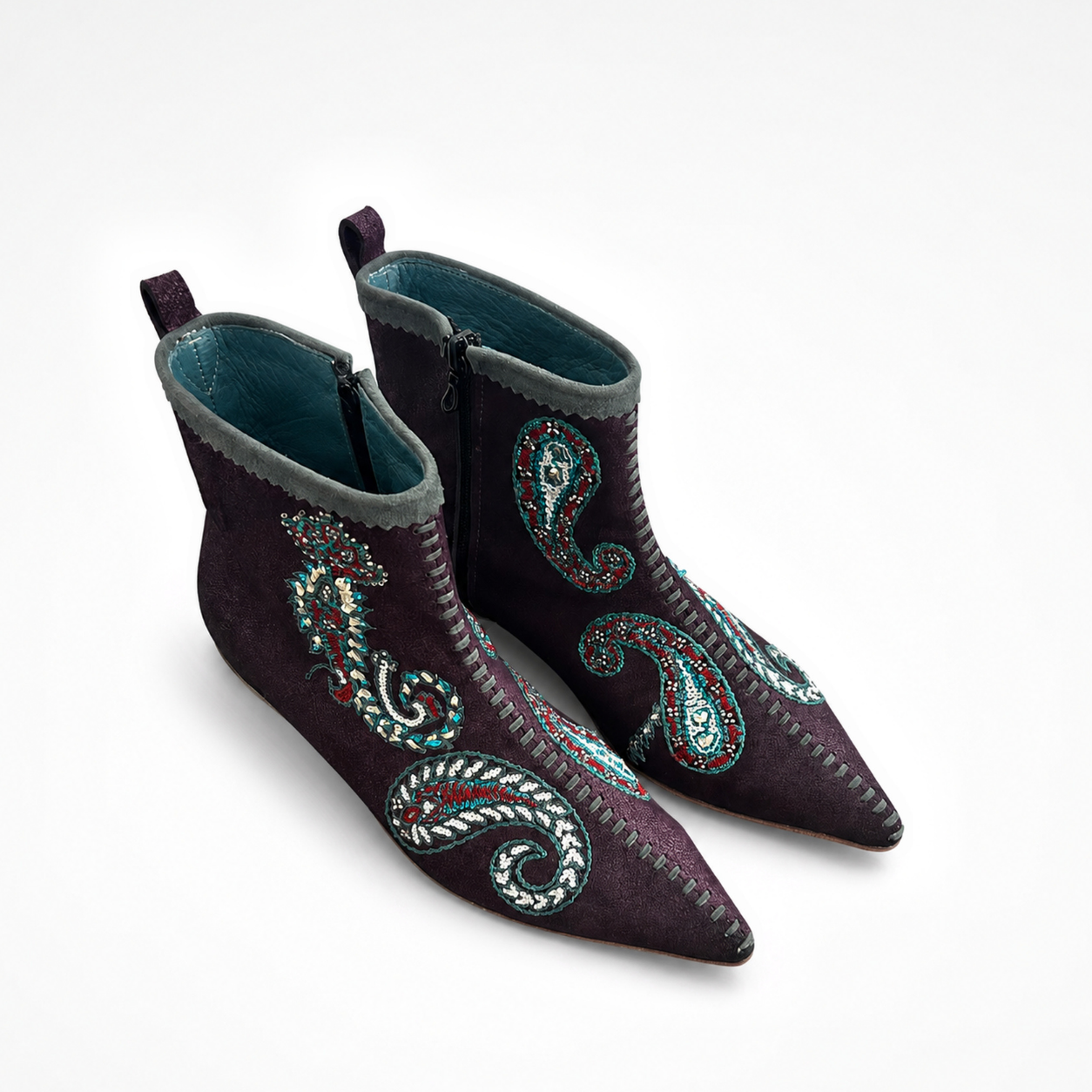 Pair of Phyllis Astrid ankle boots in bell burgundy leather with paisley embroidery and pointed toes