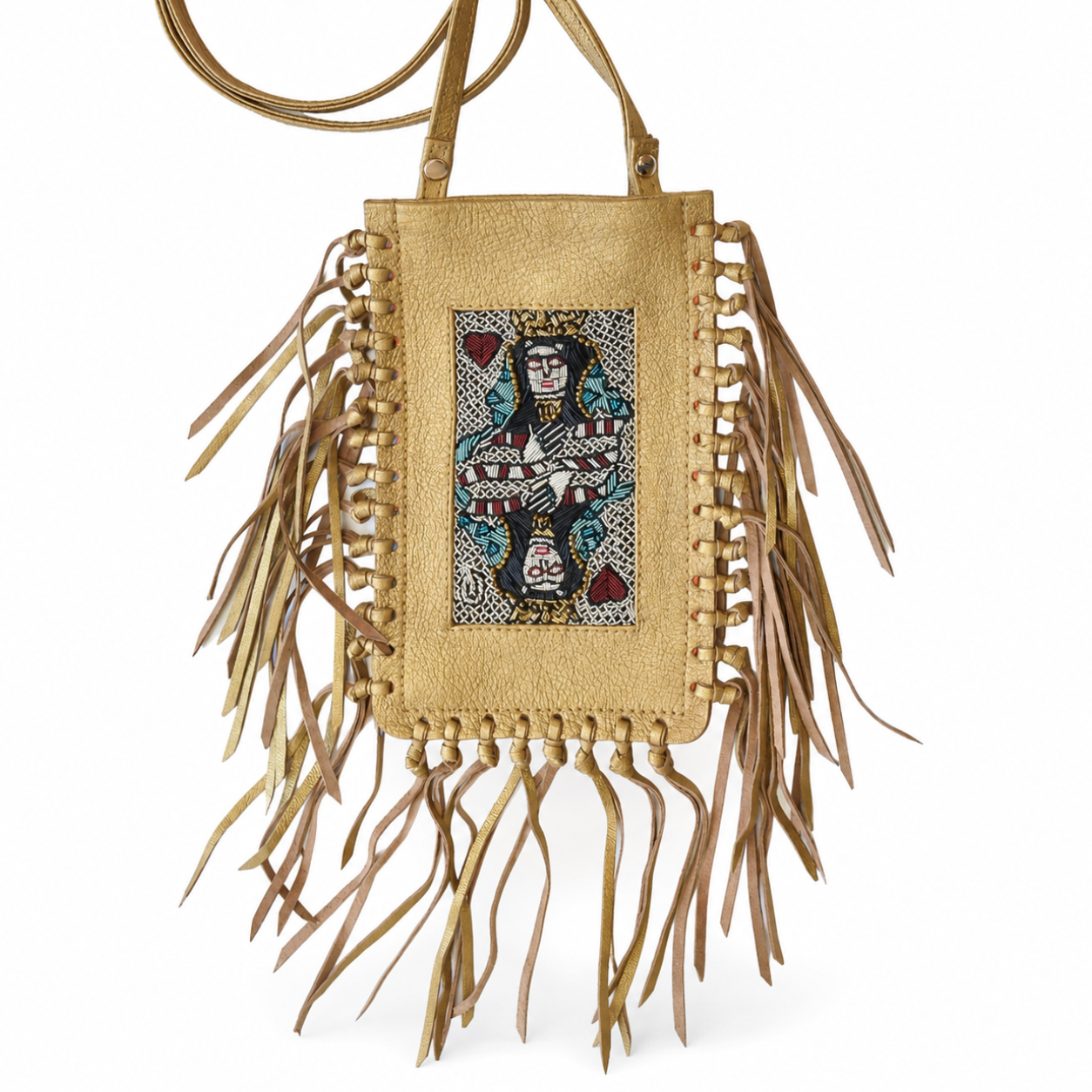 Close-up of metallic gold textured leather Poker Bag with embroidered queen playing-card motif and leather fringe