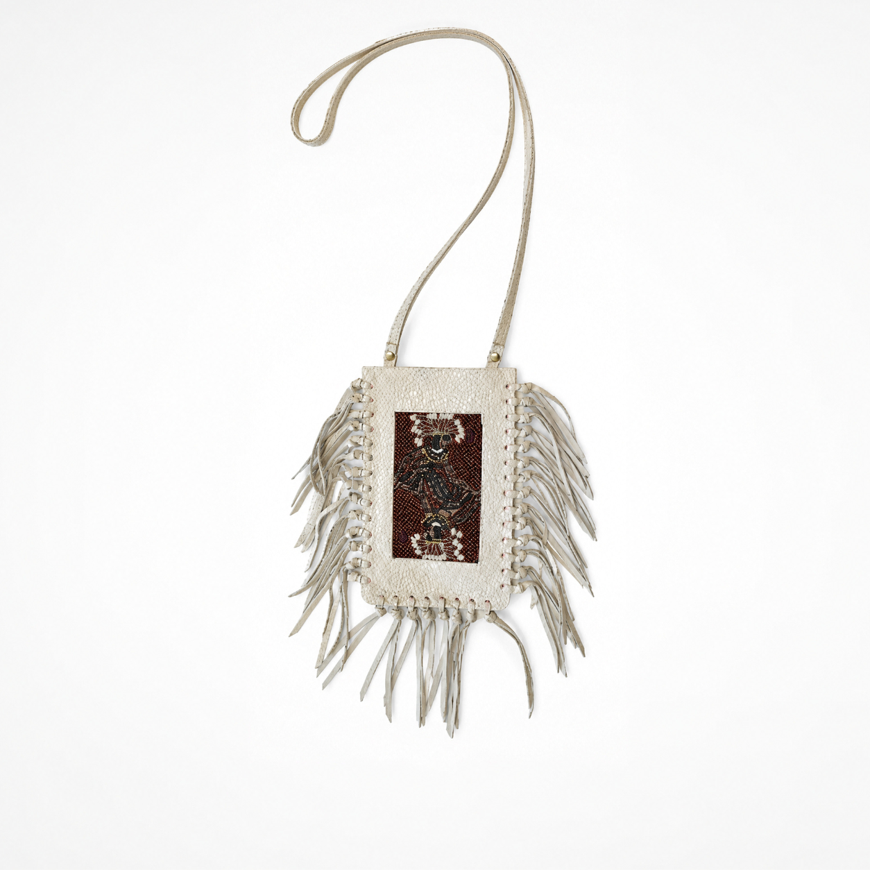 White textured leather fringed crossbody bag with embroidered jack playing-card panel and long shoulder strap