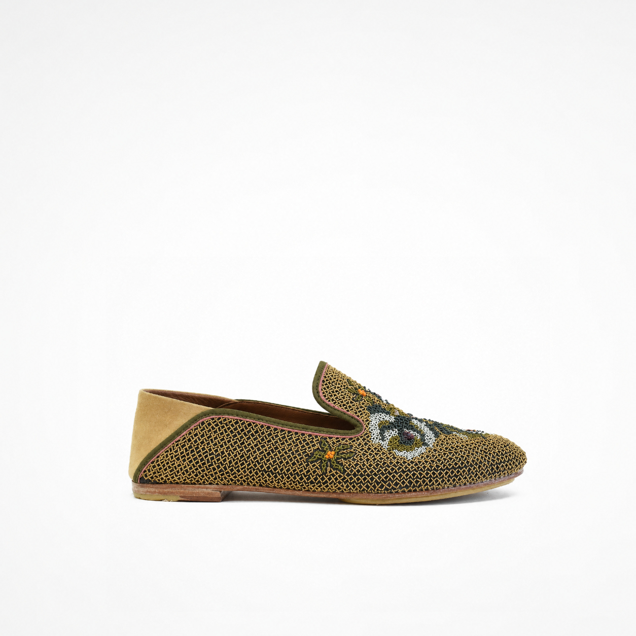 Olive-gold Queen Nora Loafer with all-over fine-coil embroidery, floral motifs, olive piping and a beige suede heel panel