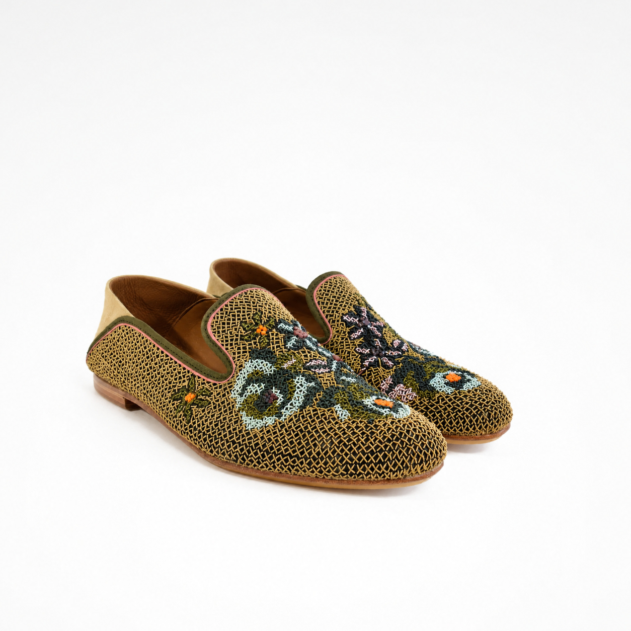 Pair of olive-gold Queen Nora Loafers with multicolour floral embroidery, beige suede heel panels and low-profile leather soles