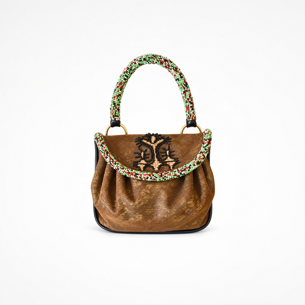 Sahara Accordion Handbag in metallic bronze-charcoal leather with multicolour beaded top handle and black beaded flap motif