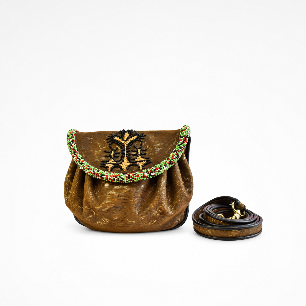 Metallic bronze-charcoal Sahara Accordion Handbag with green and red beaded trim and matching detachable leather strap