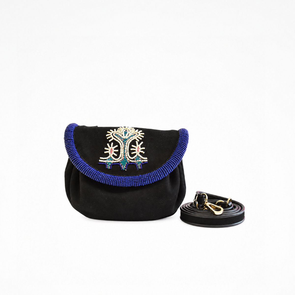 Black suede Sahara Accordion Handbag with beaded flap and detachable black leather strap with gold-tone clips