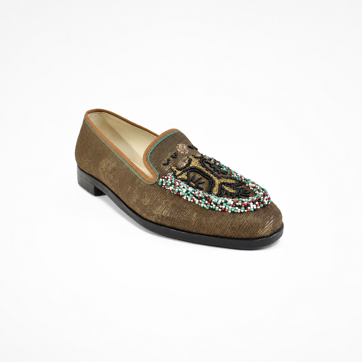 Bronze-charcoal leather loafer with beaded embroidery and rounded toe