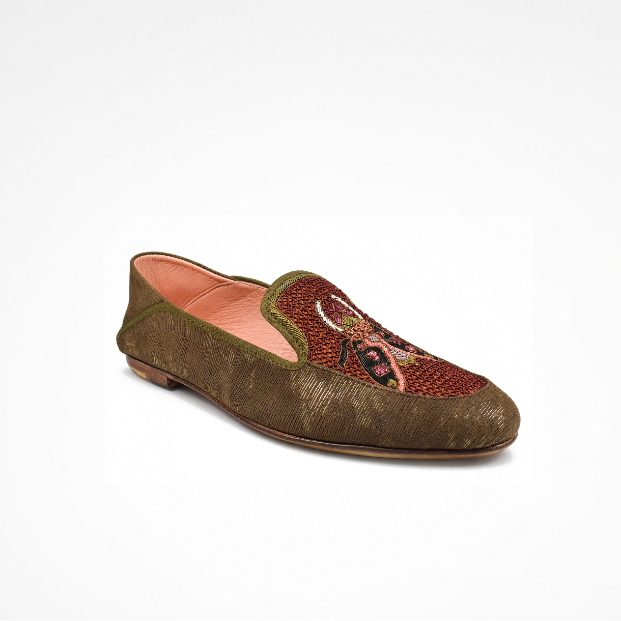 Angled view of an olive-brown textured leather SELENE Loafer with a hand-embroidered beetle motif