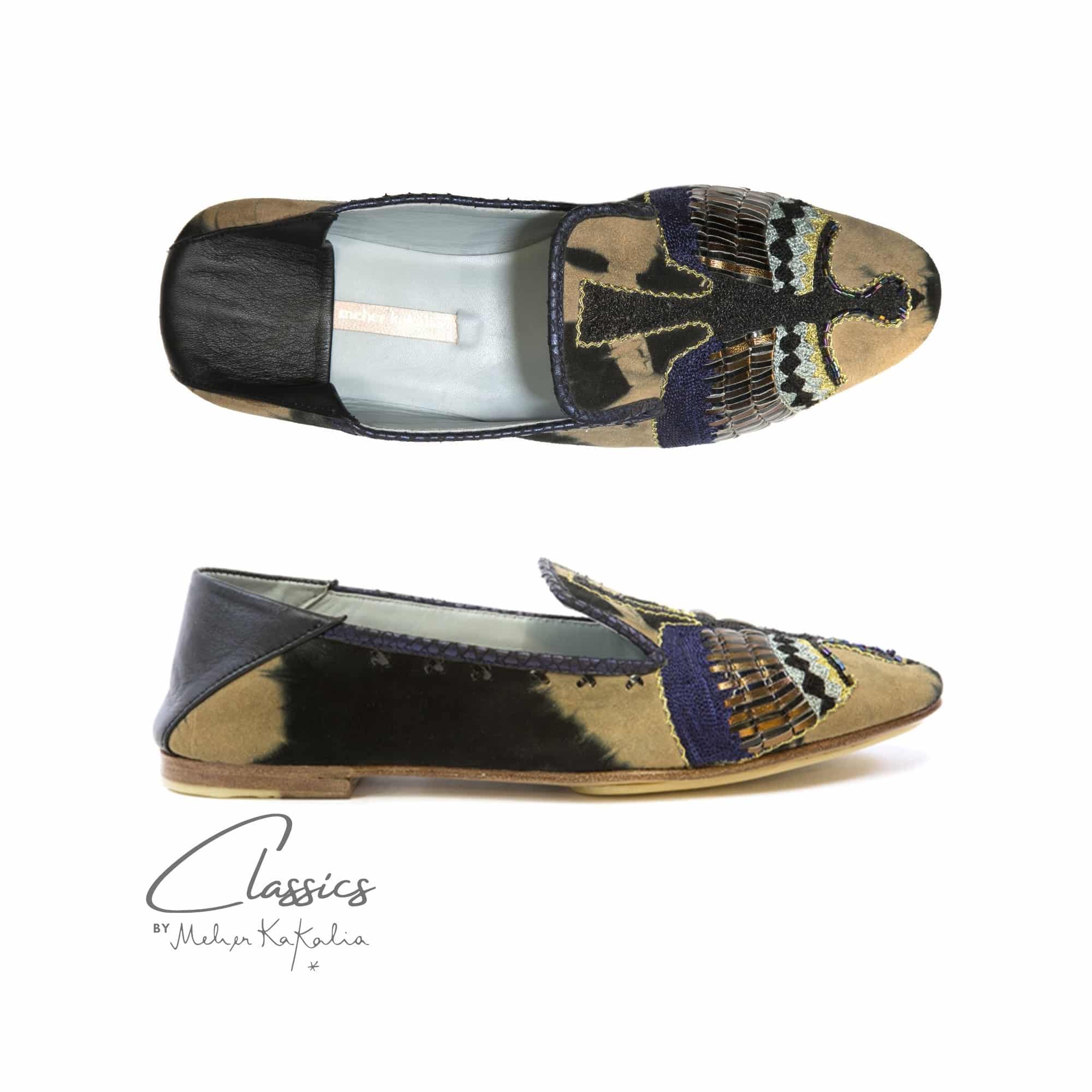 Meher Kakalia ANZU moccasins, tie-dye suede with silk embroidery. Comfortable, sustainable, and versatile for all seasons.