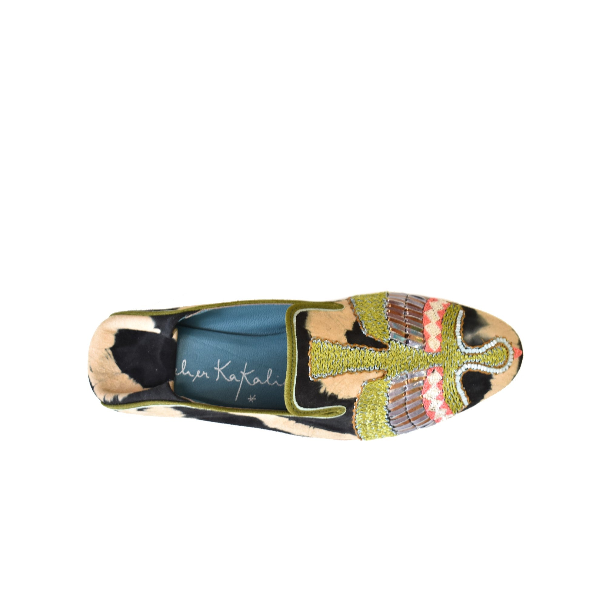 Top view of Meher Kakalia ANZU Moccasin in black and beige tie-dye suede with olive hand embroidery and metallic Mukesh detail