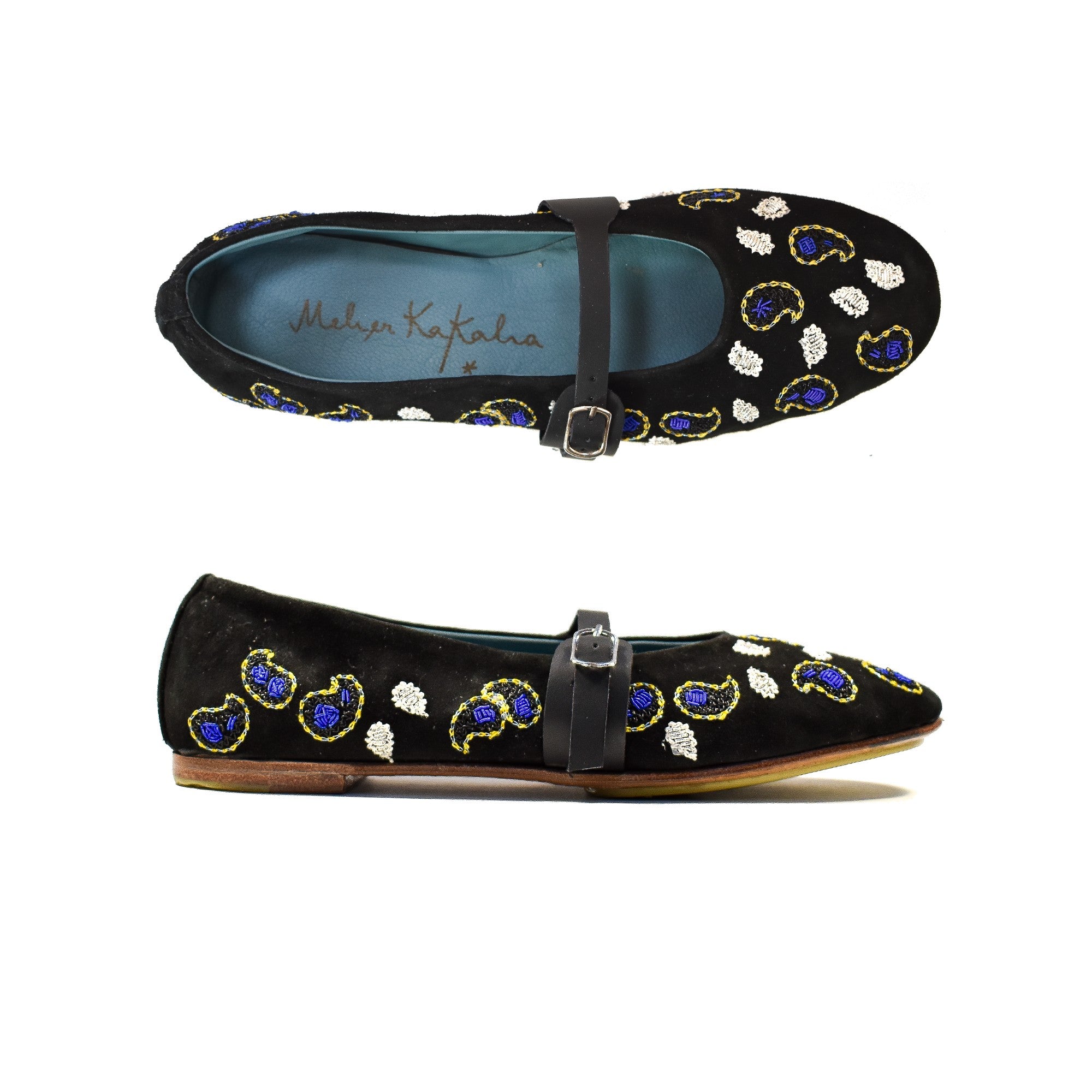 Meher Kakalia Bandana Strap Ballet in black suede with signature embroidery and adjustable strap.