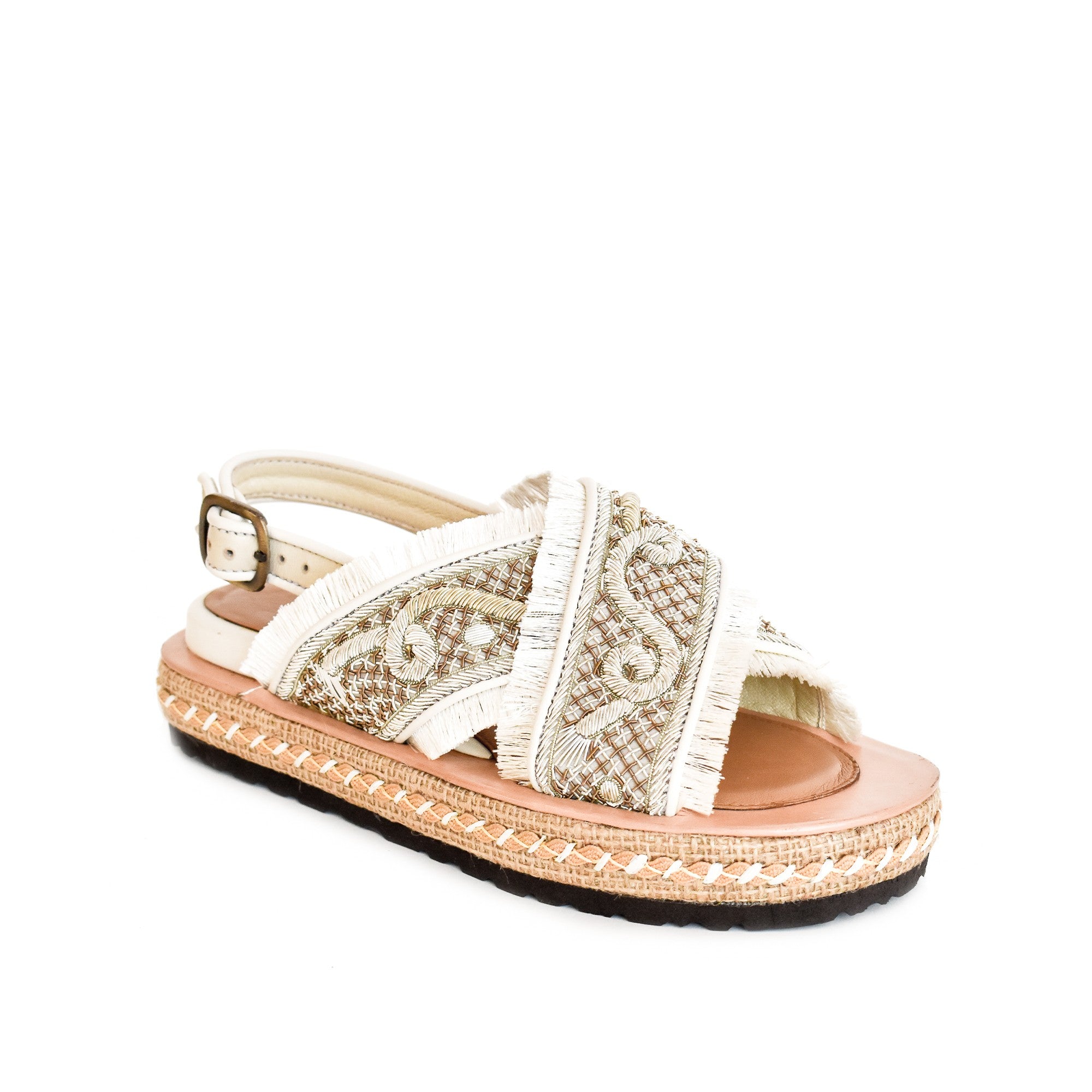 Elegant handmade sandals for brides, featuring rope embroidery and jute platform for a wedding-ready look.