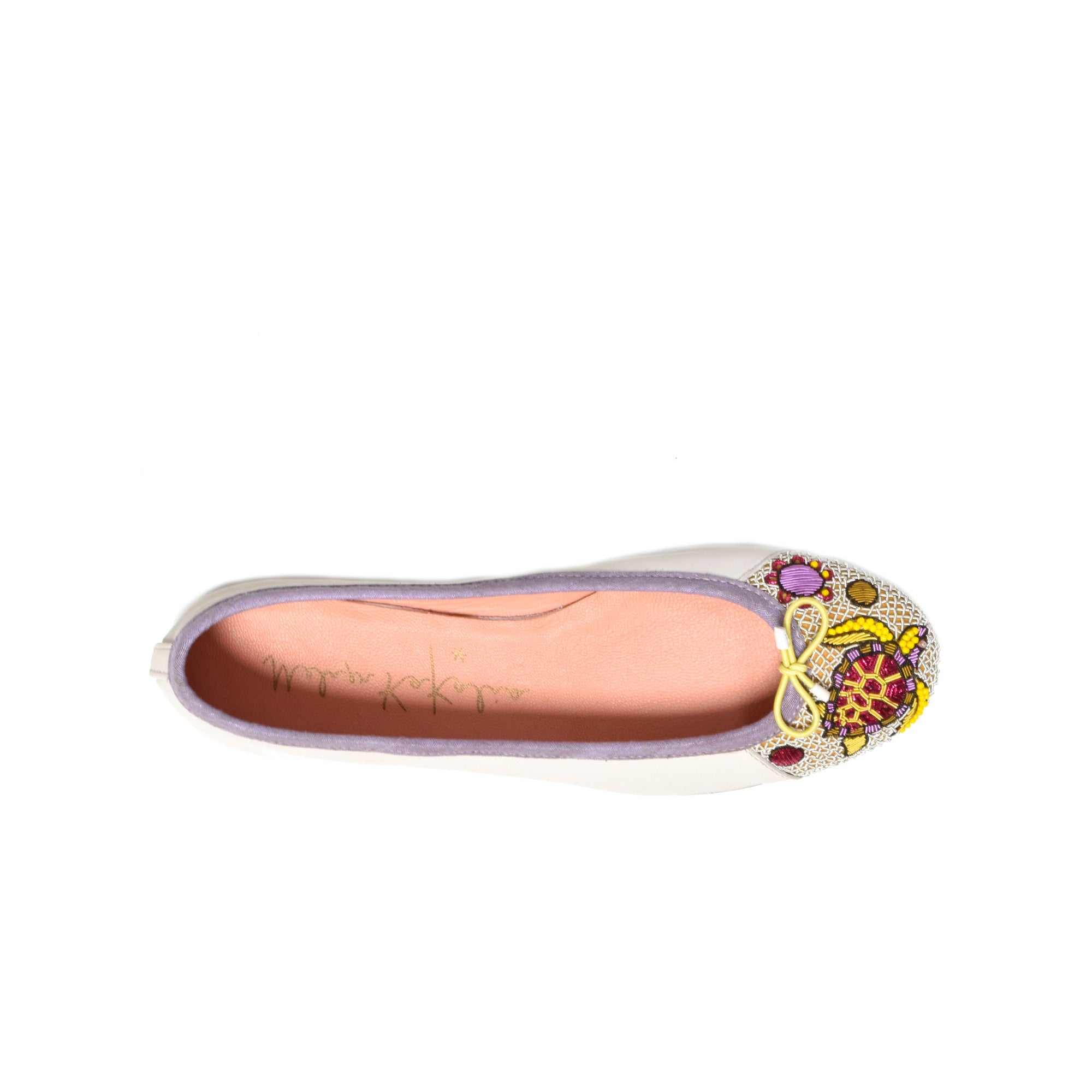 Darwin Ballet Flats with hand-embroidered turtle motifs on luxurious Nappa leather, crafted using eco-friendly materials.