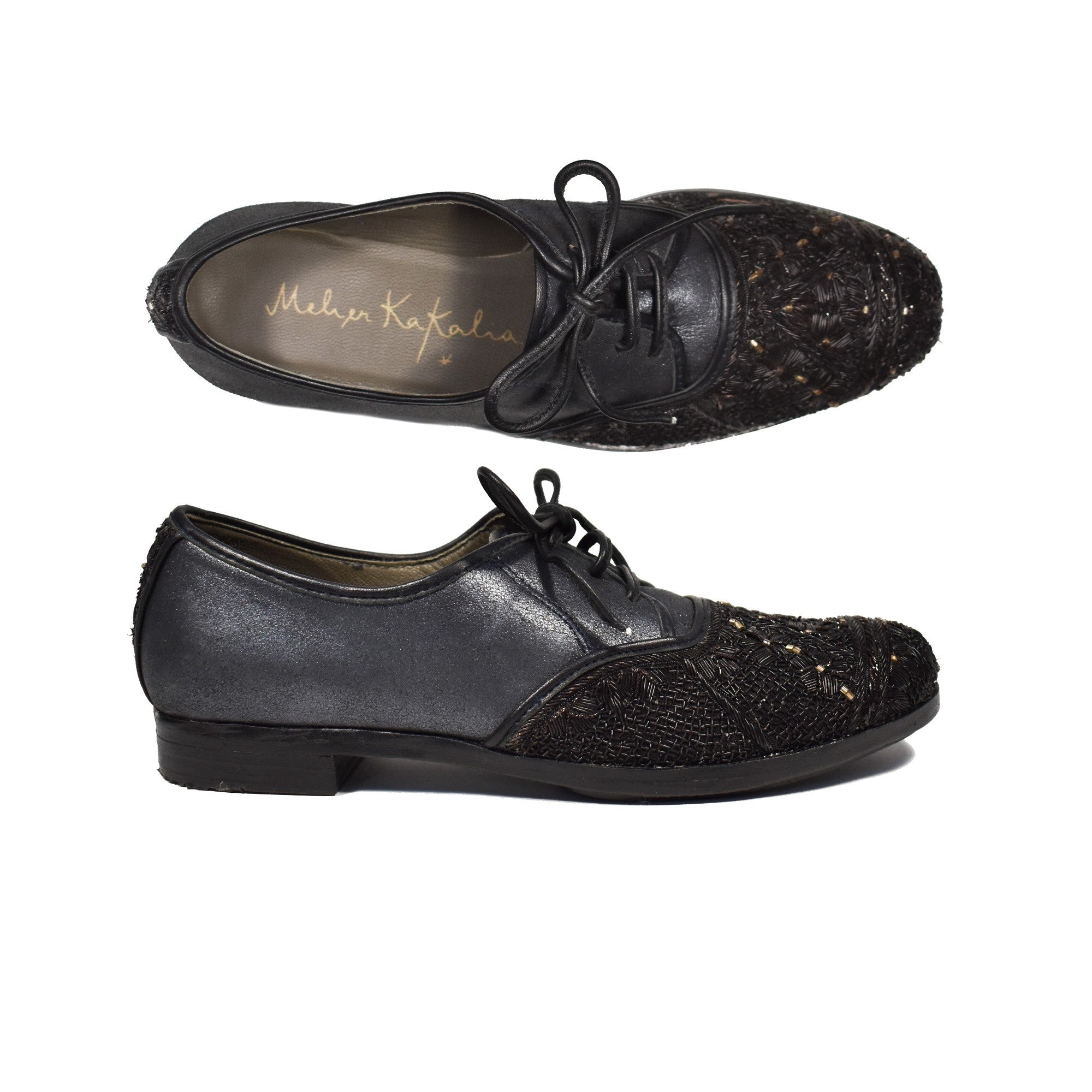 Women’s handmade black leather brogues with embroidery – top and side view