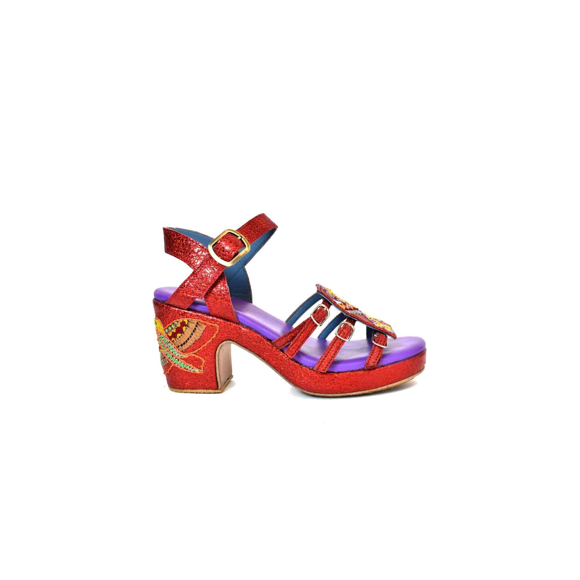 GOLD HOPPER splash poppy – side view showing red shimmering leather, tribal embroidery and bird motif on the heel