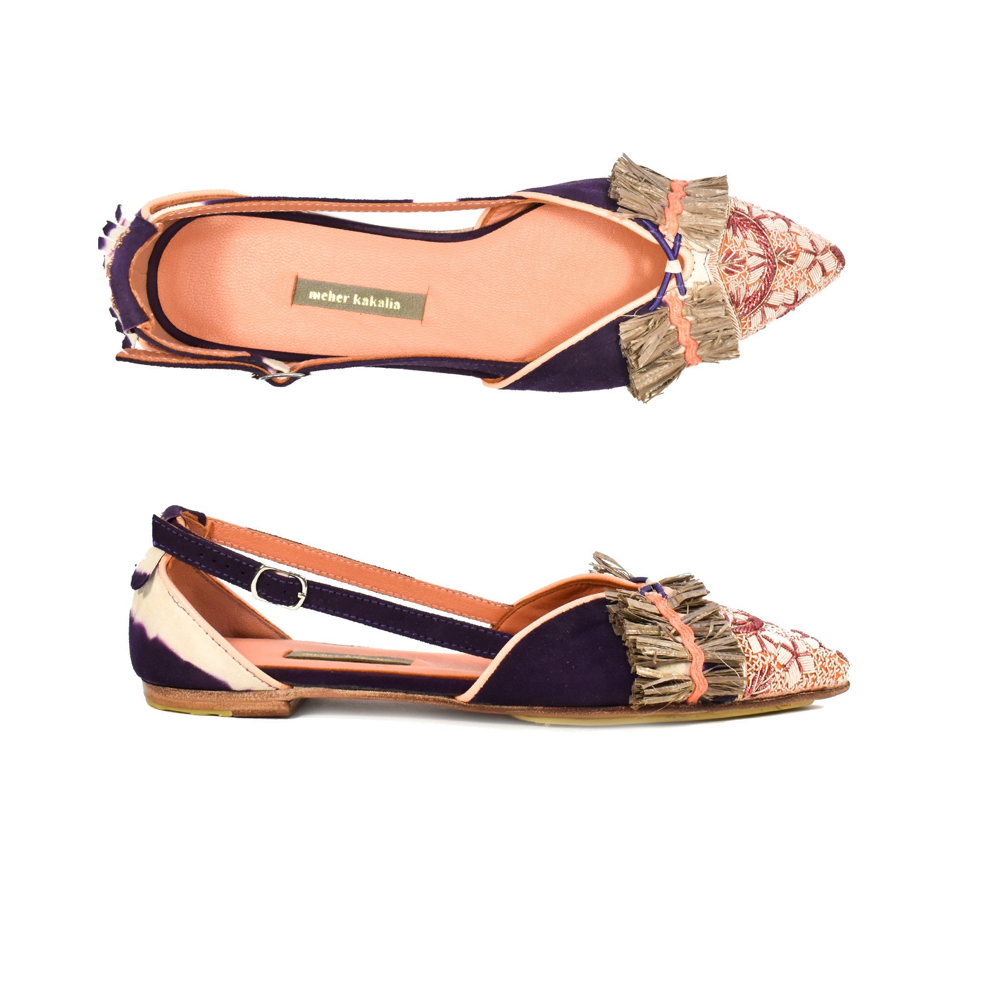 Greta Slingback purple-ivory, handmade with eco Raffia and dapka embroidery. Sustainable and elegant for any occasion.